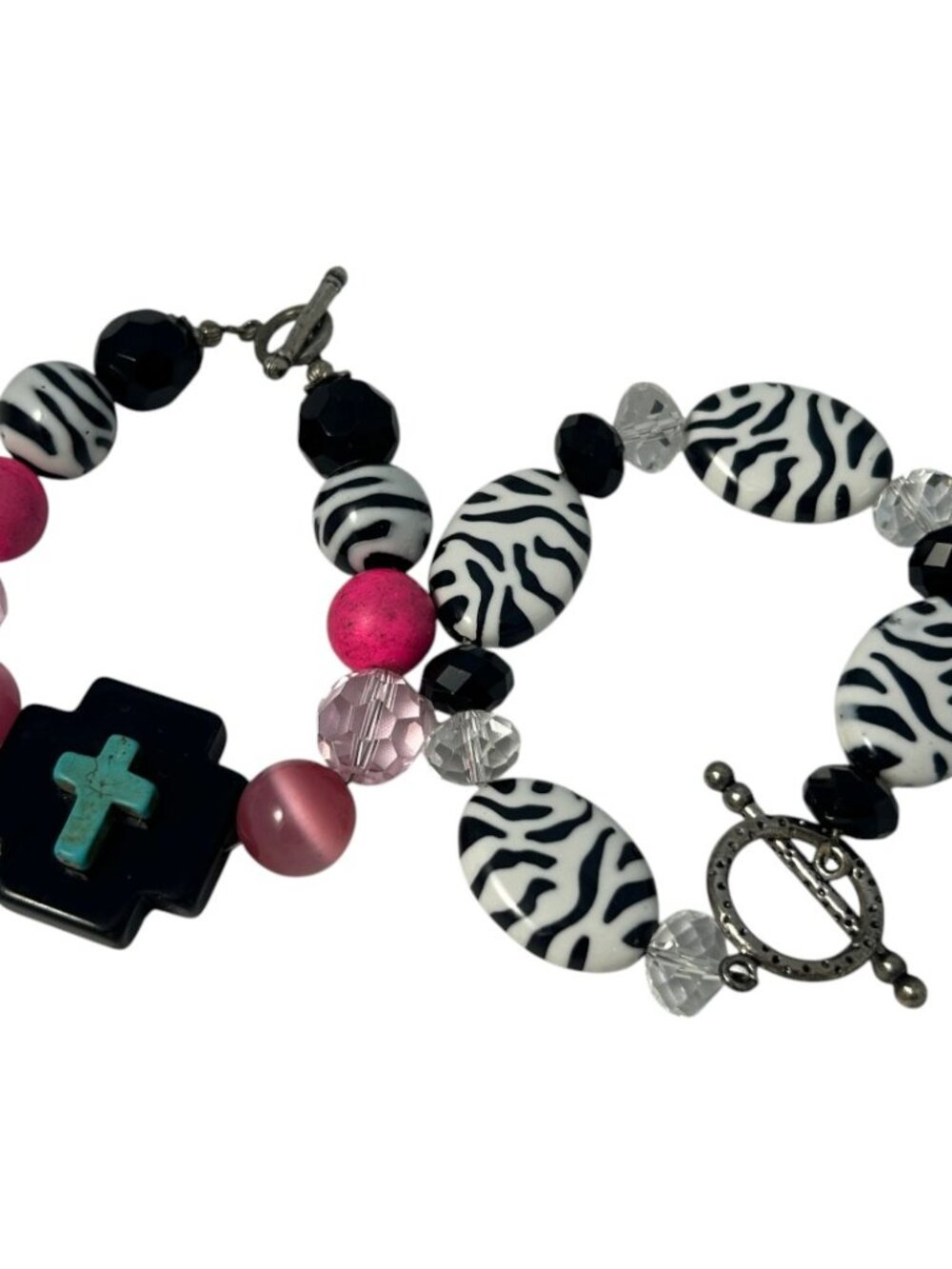 Black White Zebra Pink Beaded Cross Bracelet Set Of 2 Toggle Clasp Boho